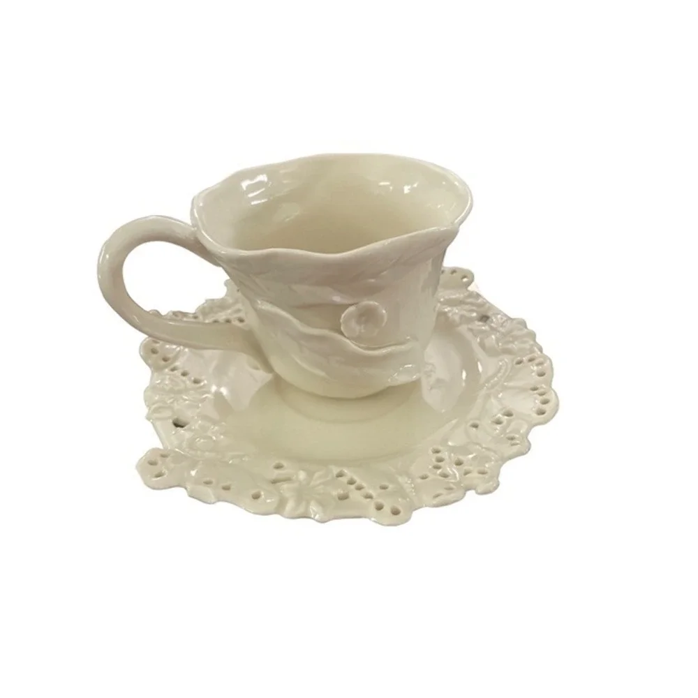 Unbranded Tea Cup Saucer Set‎ Cream Floral Butterfly Reticulated Lace